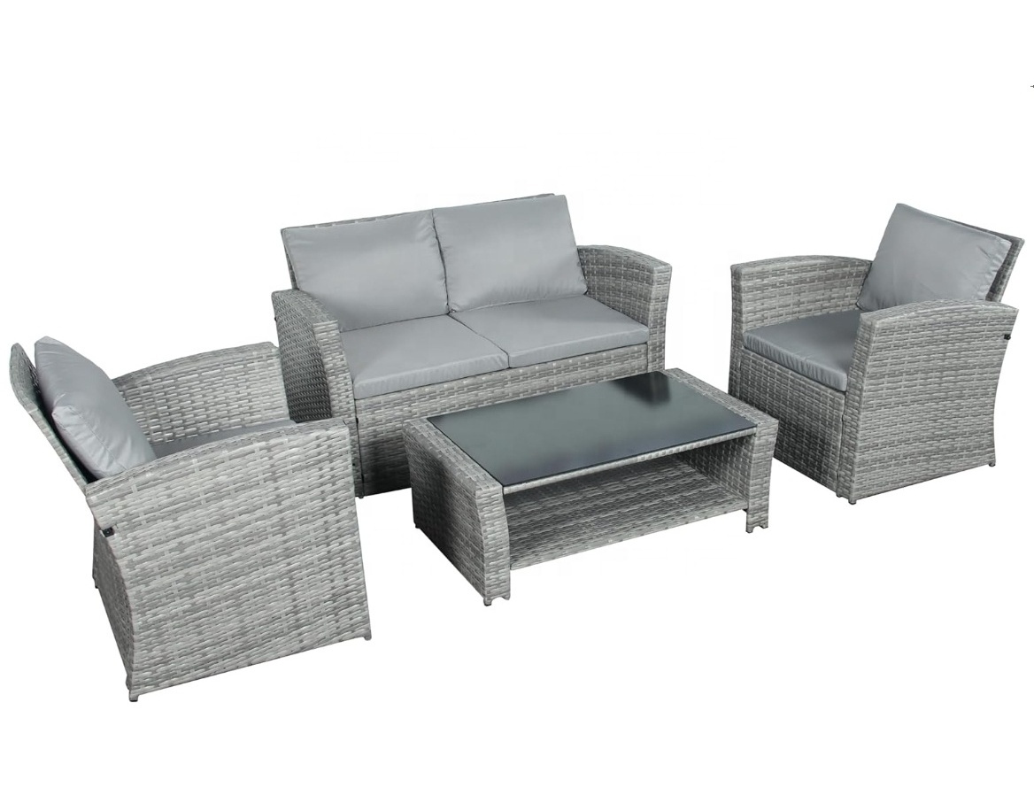 Grey Rattan Patio Outdoor Furniture 4 Seater Sofa And Coffee Table Patio Set