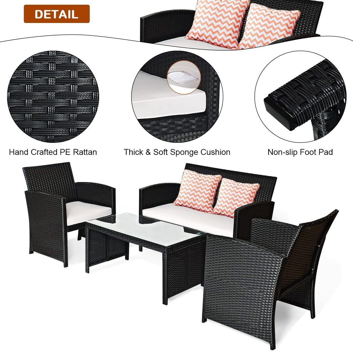 Patio Rattan Furniture Conversation Set 4 PCS Wicker Sofa Set  Garden Furniture  Loveseat with Coffee Table