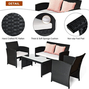 Patio Rattan Furniture Conversation Set 4 PCS Wicker Sofa Set  Garden Furniture  Loveseat with Coffee Table