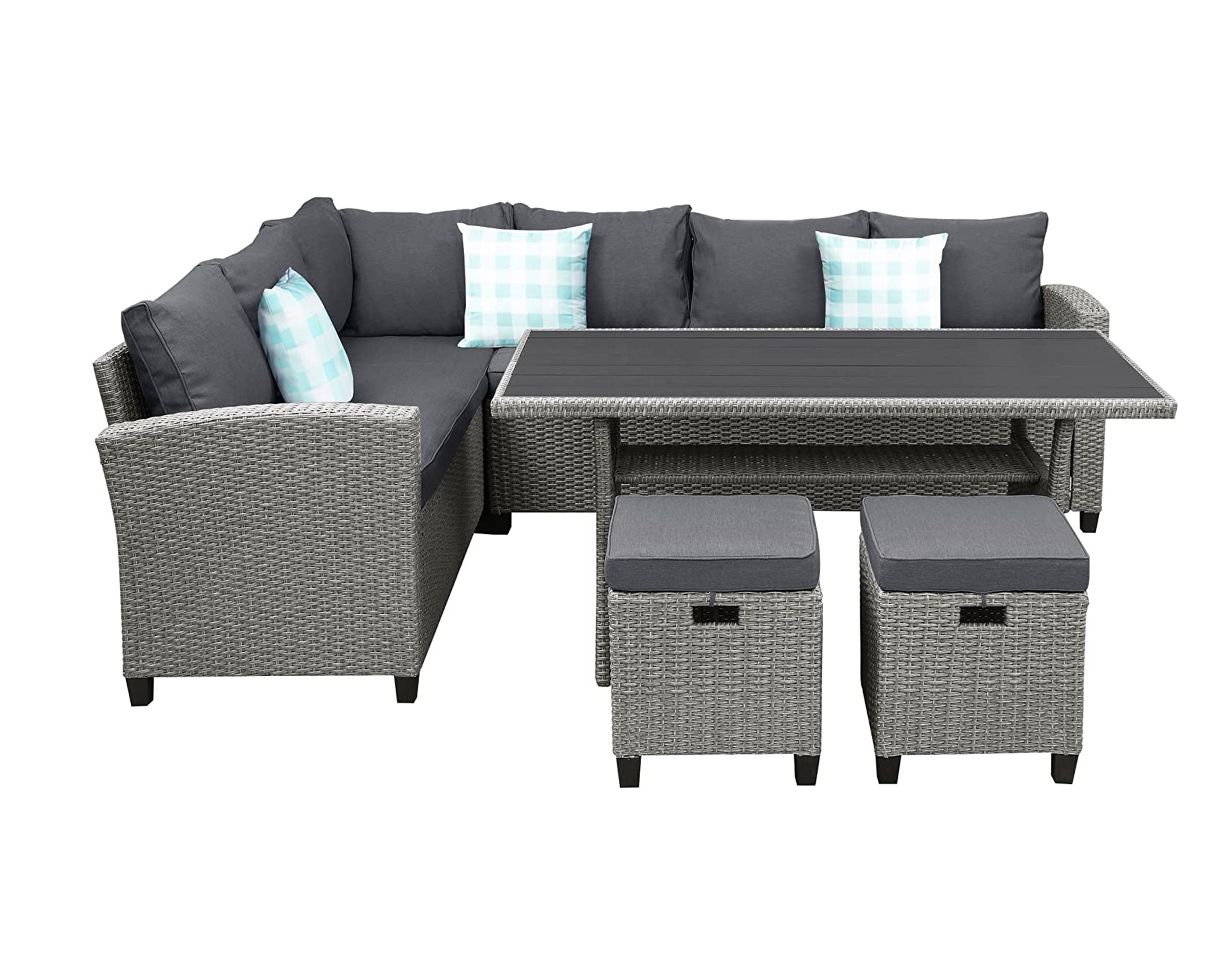 5-Piece Outdoor Patio Furniture Set Wicker Rattan Conversation Sectional Sofa with Dining Table Chair with Ottoman