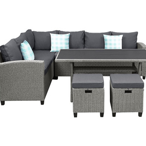 5-Piece Outdoor Patio Furniture Set Wicker Rattan Conversation Sectional Sofa with Dining Table Chair with Ottoman