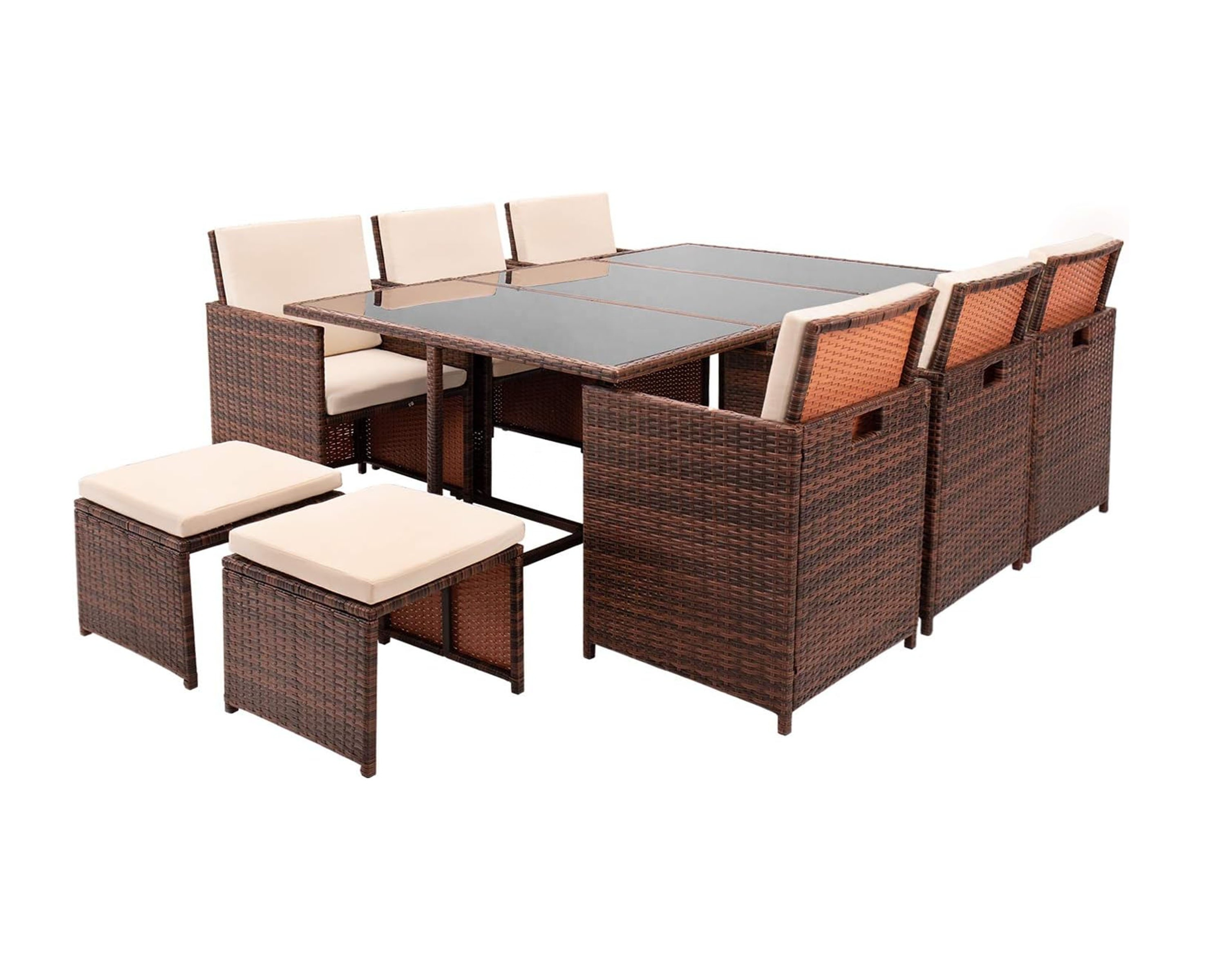 11 Pieces Patio Dining Sets Outdoor Space Saving Rattan Patio Furniture Sets with Ottoman and Cushions