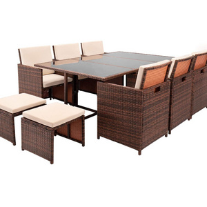 11 Pieces Patio Dining Sets Outdoor Space Saving Rattan Patio Furniture Sets with Ottoman and Cushions