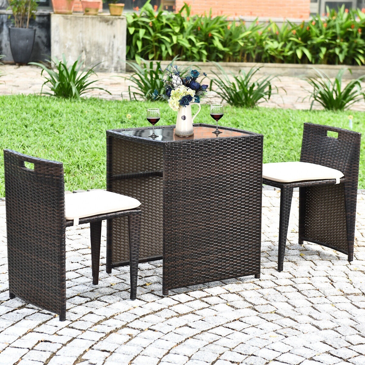 No Assembly Patio Bistro Set with Tempered Glass Table Space Saving Patio Wicker Cushioned Chair Furniture Set