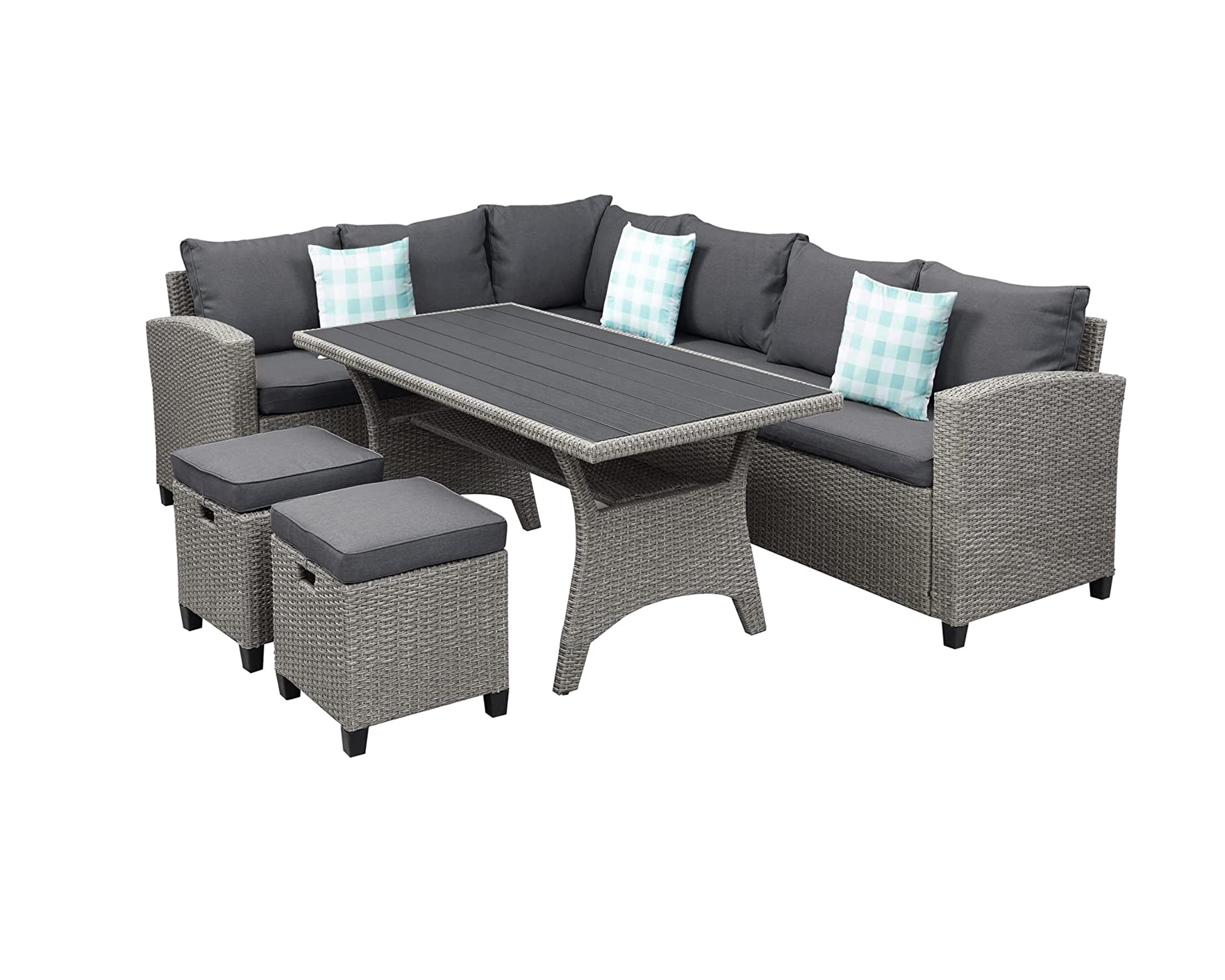 5-Piece Outdoor Patio Furniture Set Wicker Rattan Conversation Sectional Sofa with Dining Table Chair with Ottoman