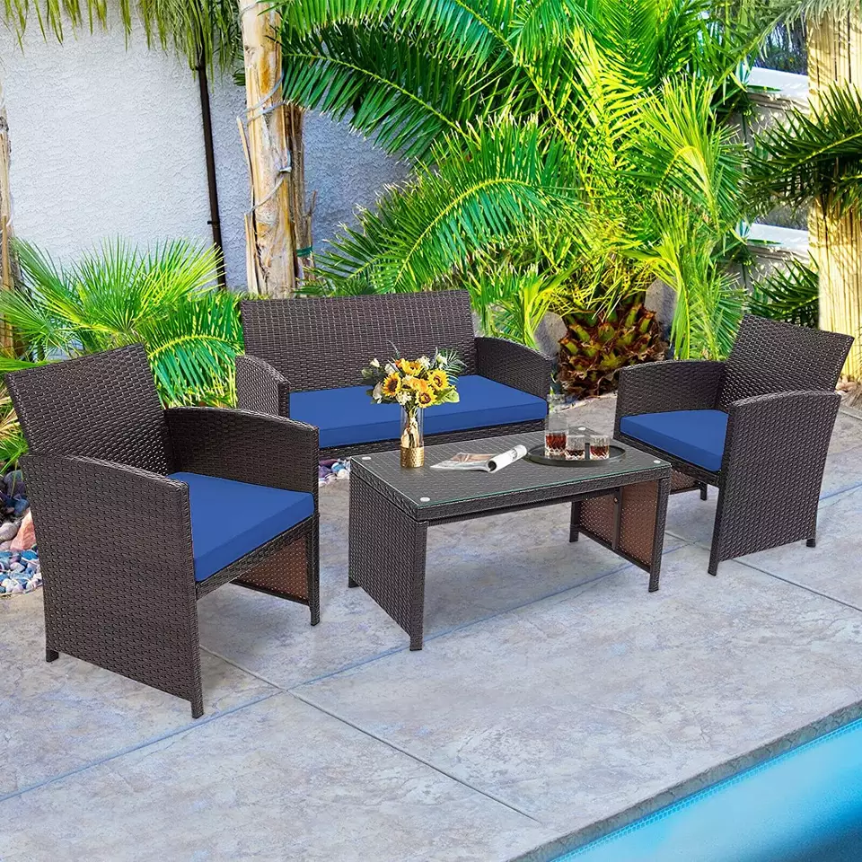 Patio Rattan Furniture Conversation Set 4 PCS Wicker Sofa Set  Garden Furniture  Loveseat with Coffee Table