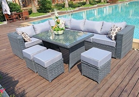 9 Seater Papaver Range Rattan Garden Furniture Corner Sofa and Dining Set - Grey