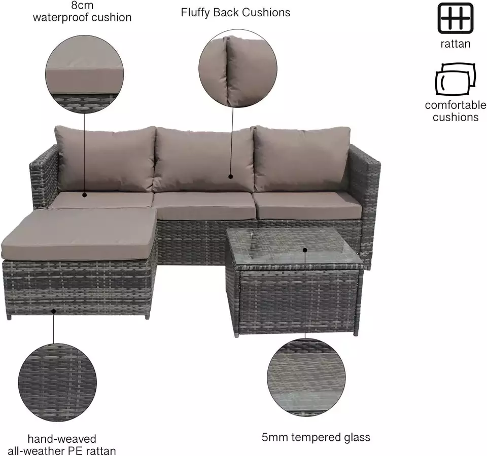 5 PCS Wicker Patio Furniture Set Rattan Outdoor Sectional Couch All Weather Patio Conversation Sofa Set with Coffee Table