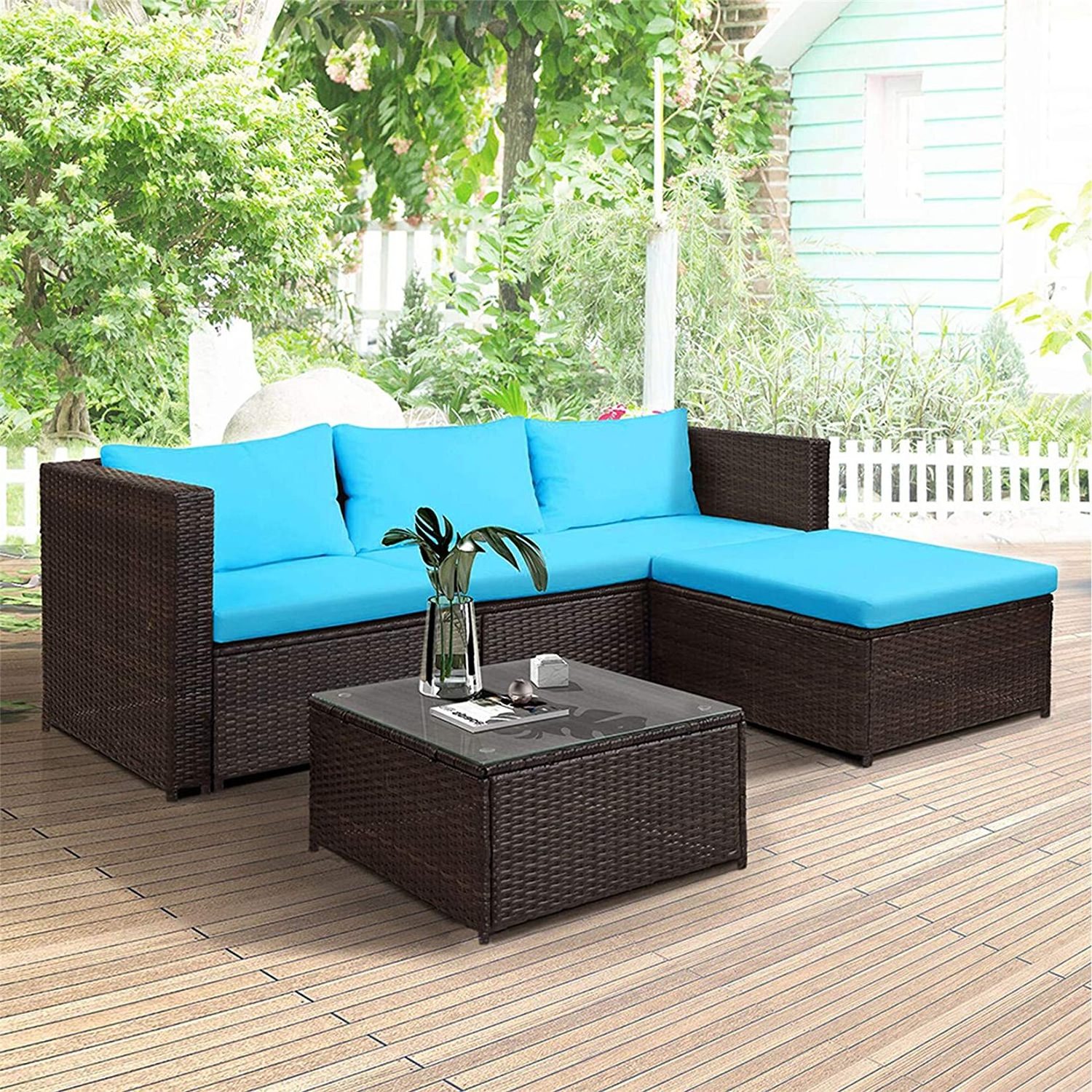 5 PCS Wicker Patio Furniture Set Rattan Outdoor Sectional Couch All Weather Patio Conversation Sofa Set with Coffee Table