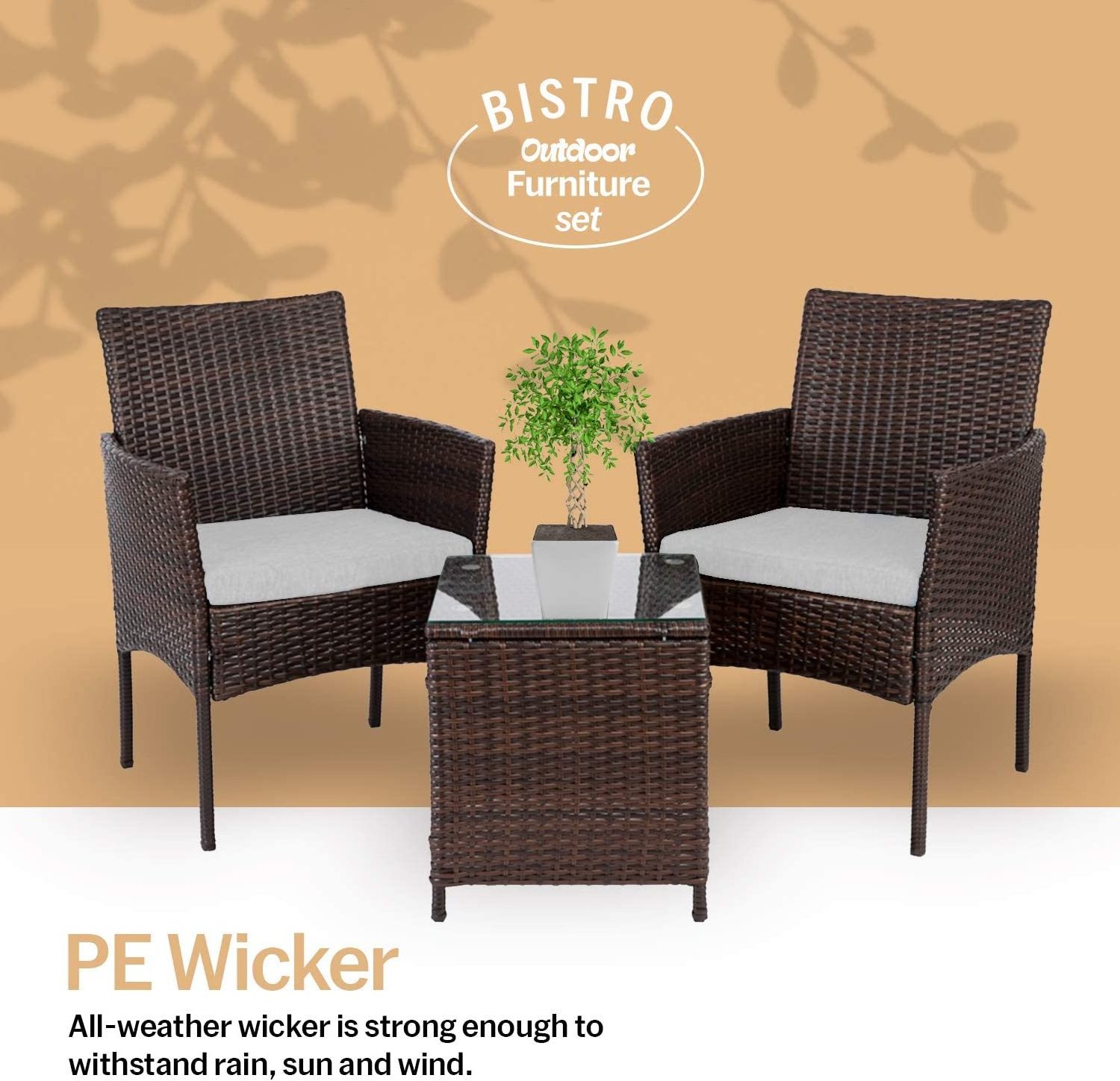 3 PCS Rattan Garden Furniture Set Outdoor Rattan Wicker Bistro Set with Coffee Table for Outdoor Patio Garden Backyard