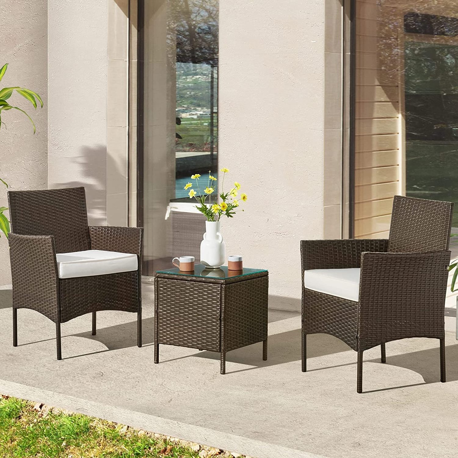 3 PCS Rattan Garden Furniture Set Outdoor Rattan Wicker Bistro Set with Coffee Table for Outdoor Patio Garden Backyard