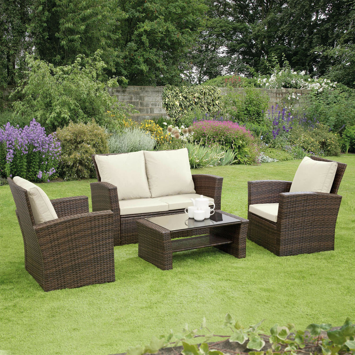 Rattan Garden Furniture 4 Piece Patio Set Table Chairs Grey Black or Brown