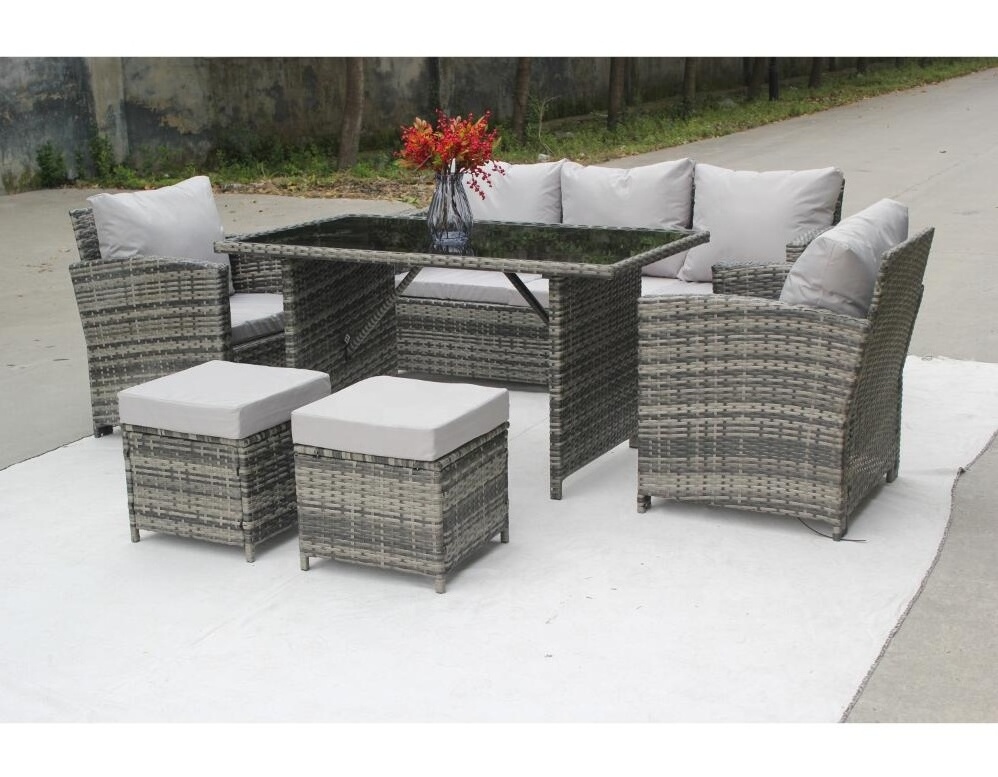 All Weather Wicker Outdoor Patio Furniture 6 Piece Dining Sectional Sofa with Table and Ottoman