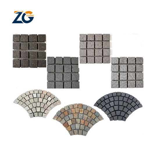 ZGSTONE Cheap Paving Tiles Grey Fan Pattern Natural Paving Stone Outdoor Courtyard Granite Cobbles Driveway Paver On Mesh