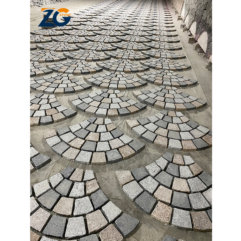 ZGSTONE Cheap Paving Tiles Grey Fan Pattern Natural Paving Stone Outdoor Courtyard Granite Cobbles Driveway Paver On Mesh