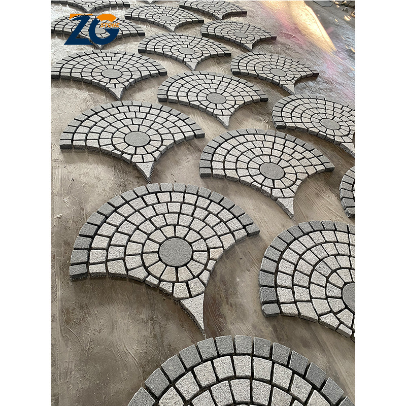 ZGSTONE Cheap Paving Tiles Grey Fan Pattern Natural Paving Stone Outdoor Courtyard Granite Cobbles Driveway Paver On Mesh