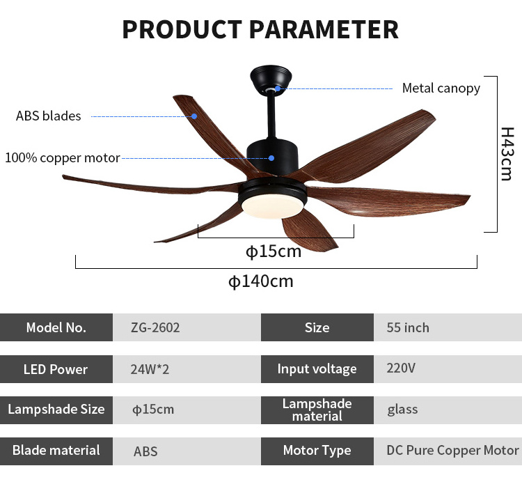 Indoor Retro Rustic Industrial Six ABS Blade 55inch DC Motor Remote Control Led Ceiling Fan With Light