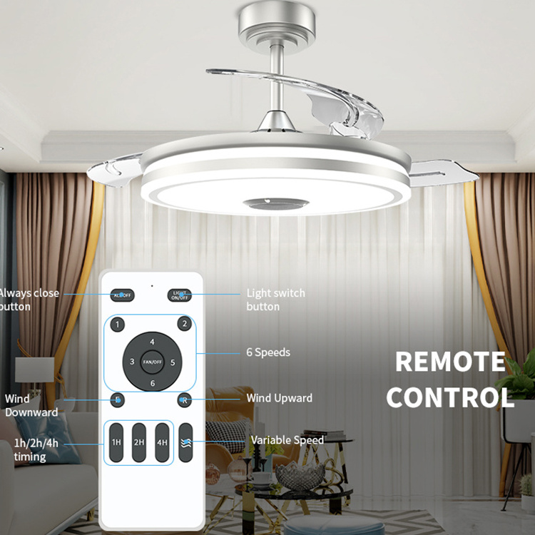 OEM/ODM 42 inch Remote Control Modern Black Bedroom Retractable Blade Invisible Bluetooth Speaker LED Ceiling Fan With Light