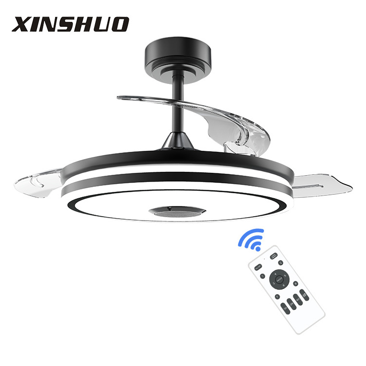 OEM/ODM 42 inch Remote Control Modern Black Bedroom Retractable Blade Invisible Bluetooth Speaker LED Ceiling Fan With Light