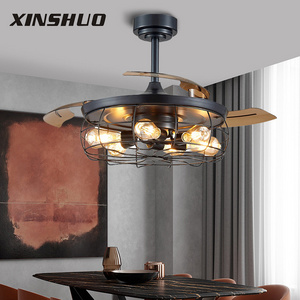 High Quality Indoor Countryside Vintage 42 Inch Bedroom DC Motor Remote Control Iron Cage Invisible Ceiling Fan Light