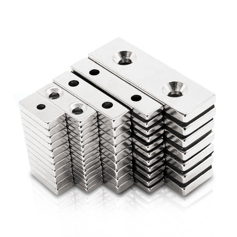 Customized Industrial N52 NdFeB Magnet Rectangular Pot Channel Neodymium Block Magnet with Countersunk Hole Screw Holes