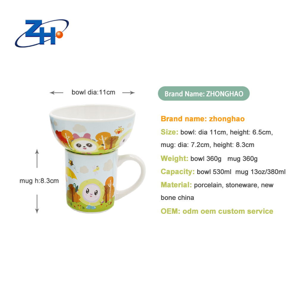 Wholesale customized cartoon pattern decal dinnerware ceramic porcelain 2pc mug and bowl set for children