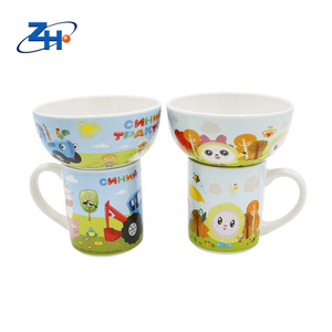 Wholesale customized cartoon pattern decal dinnerware ceramic porcelain 2pc mug and bowl set for children