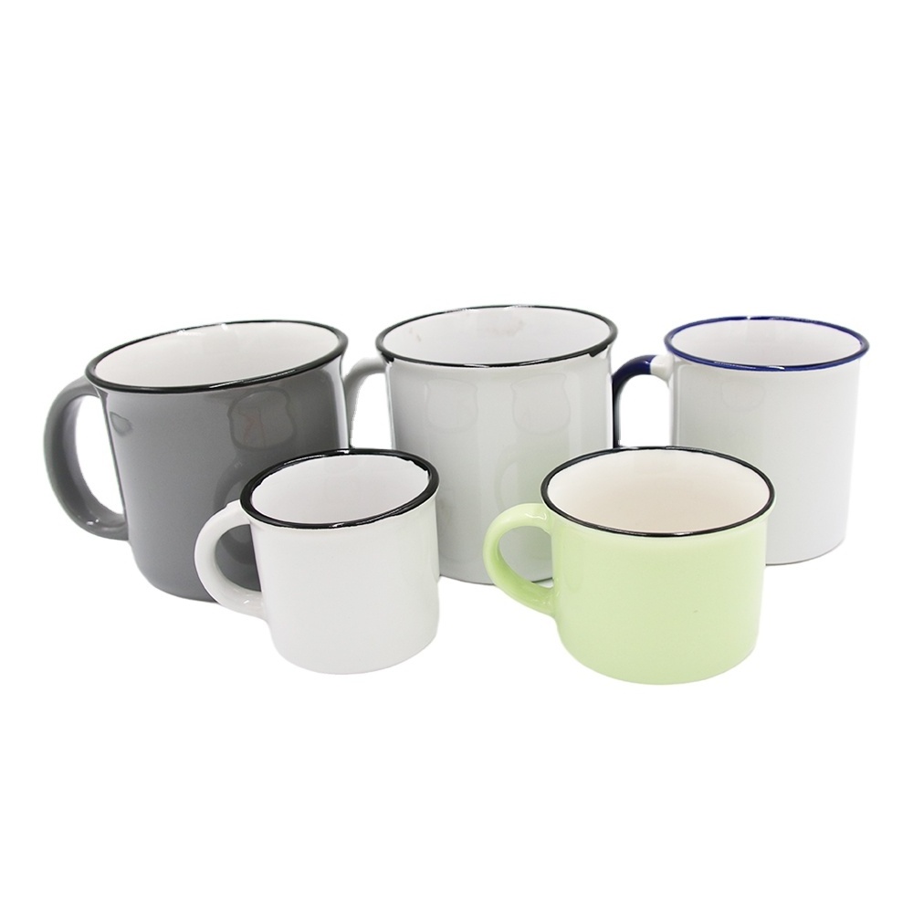 Hot sales 4oz 6oz 9oz 16oz 17oz ceramic stoneware black rim mug cups for tea wholesale printed camping coffee