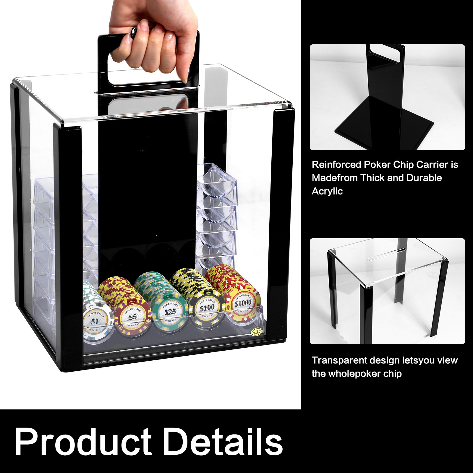 Poker Chips Suitcase With Password 1000pcs Acrylic Transparent Double Open Boxes With 10 Chip Trays