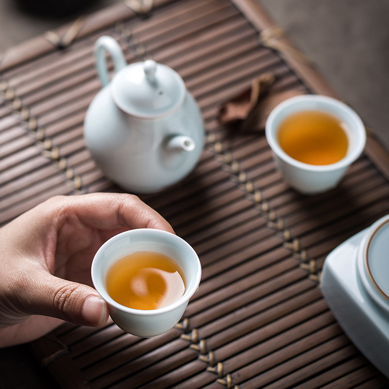 Zhong's Kiln Chinese Style Handmade Hand Painted Ceramic 6pcs Teacups Sets Shadow Green Porcelain Tea Cup Set