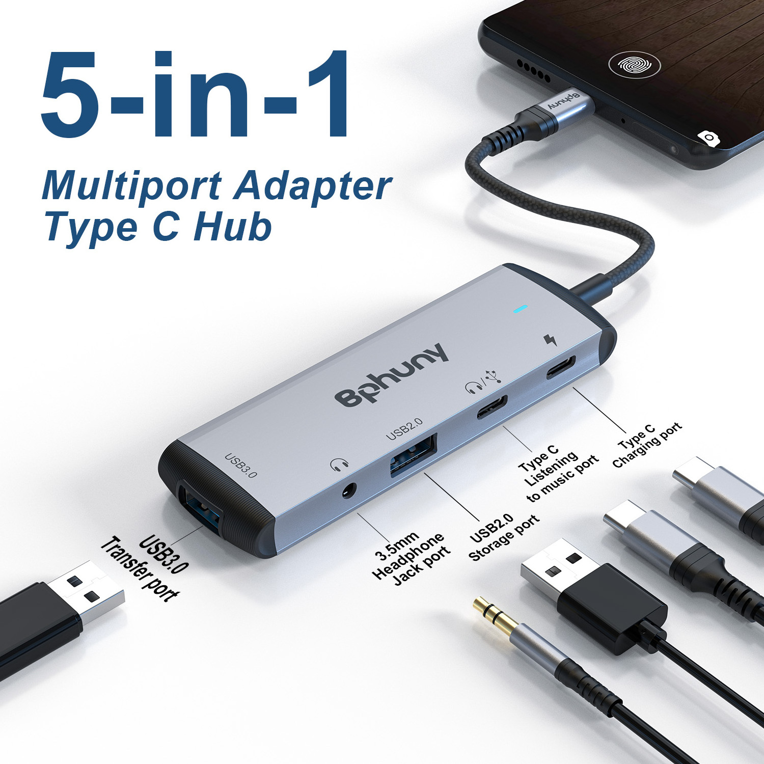 USB C Aux Adapter, 5 in 1 Type C Hub with USB 3.0/USB 2.0/3.5mm Jack/USB Type C Headphone port and 60W Charging Dongle