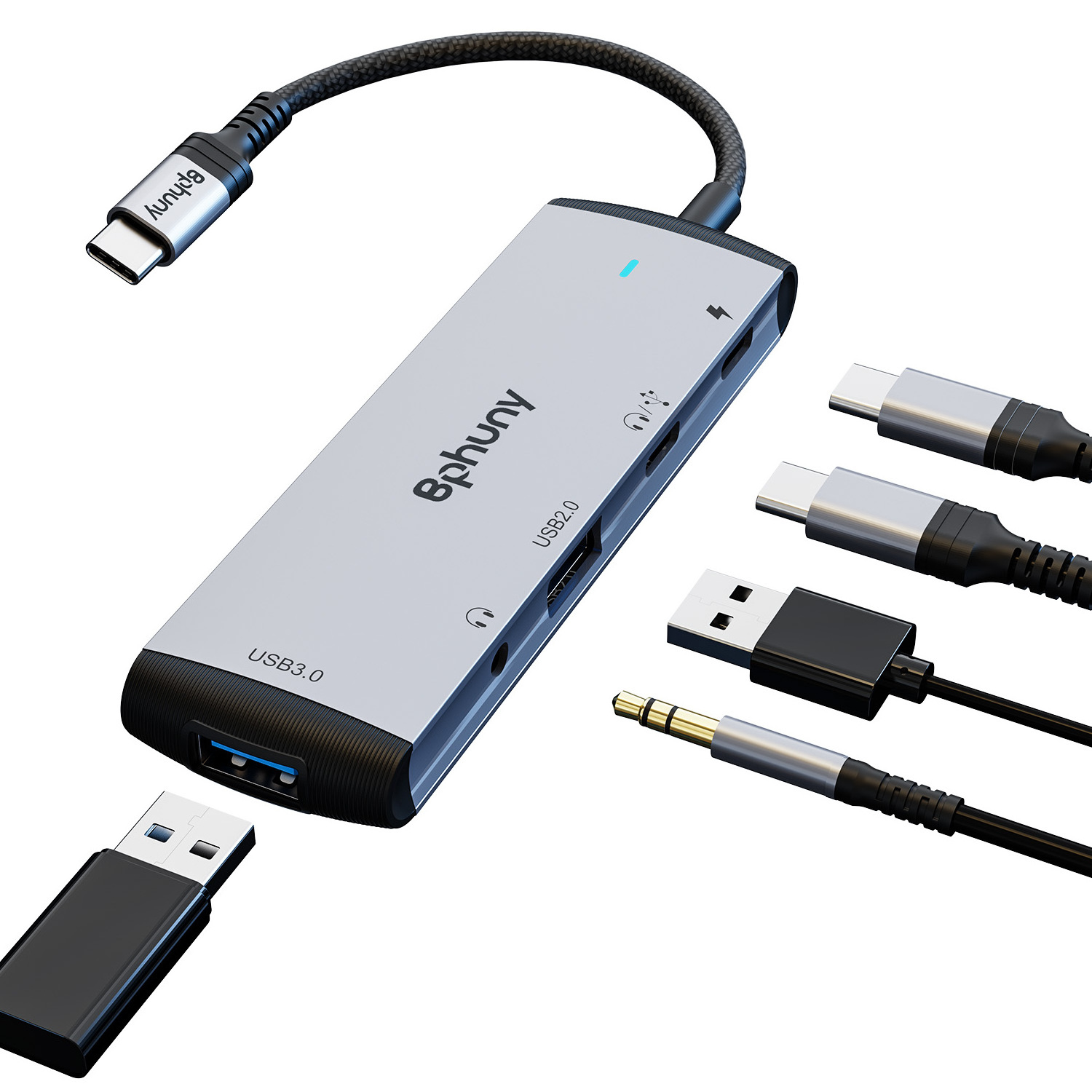 USB C Aux Adapter, 5 in 1 Type C Hub with USB 3.0/USB 2.0/3.5mm Jack/USB Type C Headphone port and 60W Charging Dongle