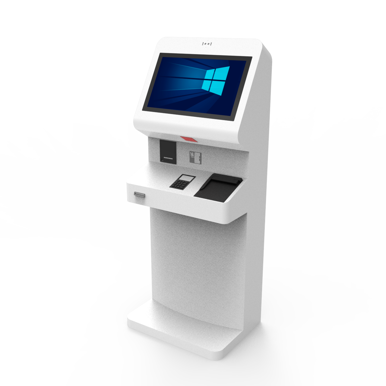 self kiosk with passport scanner, hotel keycard/SIM card dispenser, NFC, thermal printer and place for POS payment machine