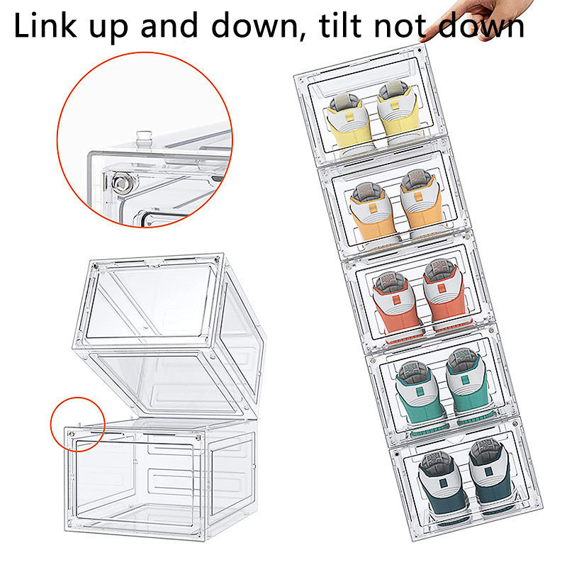 Wholesale Shoe Storage Boxes Stackable Clear Acrylic Drop Front Side Open Folding Steady Shoe Storage with Door