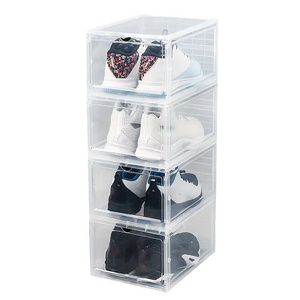 Wholesale Shoe Storage Boxes Stackable Clear Acrylic Drop Front Side Open Folding Steady Shoe Storage with Door