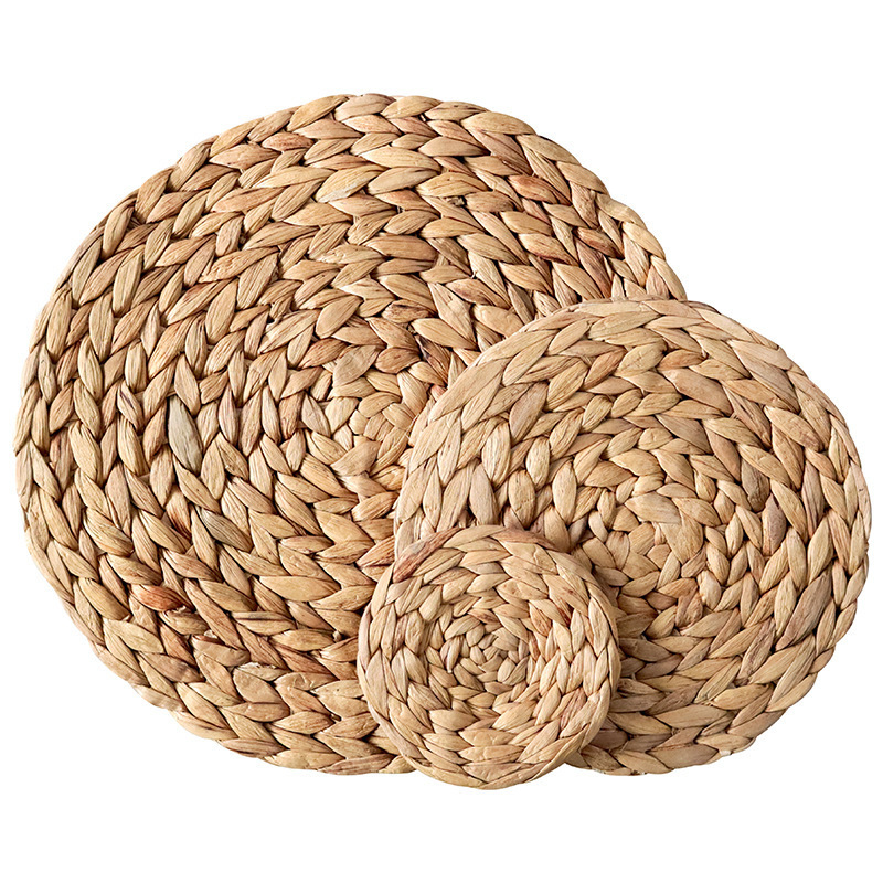 Natural Water Hyacinth Round Placemats Heat Resistant Straw Braided Non Slip Rattan Woven Cup Dining Wedding Placemat Wholesale