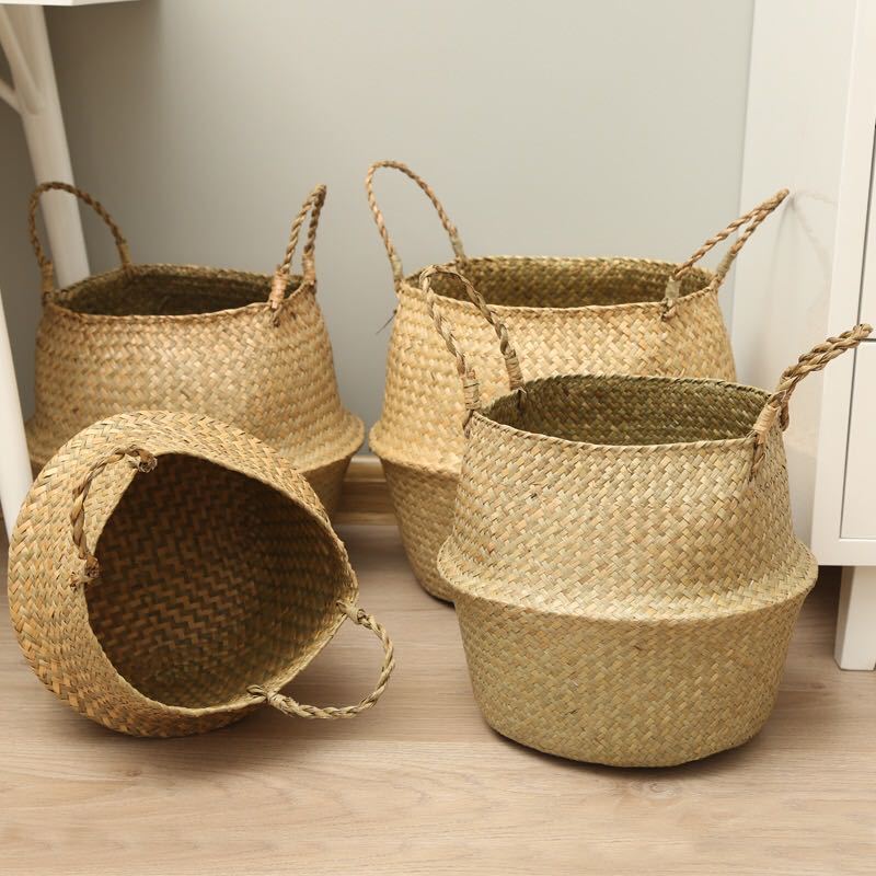 Home Wall Decor Round Woven Seagrass Plant Flowers Pot Belly Basket Handcrafted Seagrass Laundry Storage Planter Box with Handle