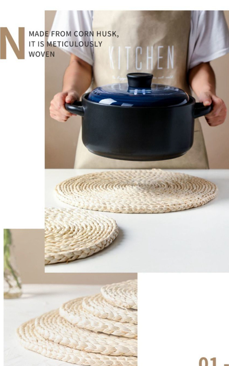 Round Woven Placemats Corn Husk Place Mats and Coaster Set Braided Rattan Charger Plates for Wedding Kitchen Dining Table