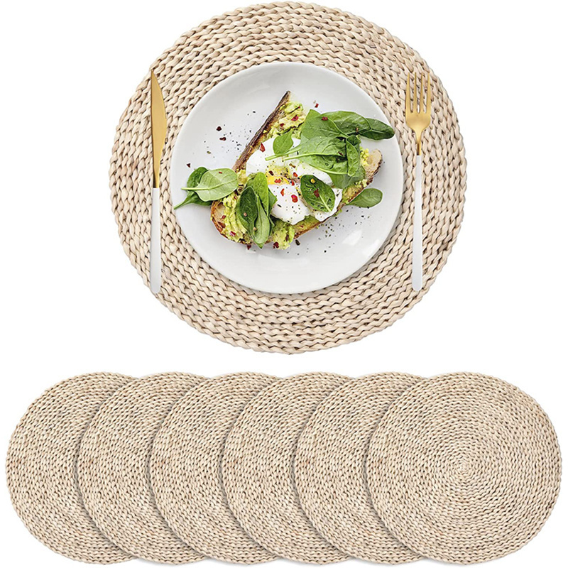 Round Woven Placemats Corn Husk Place Mats and Coaster Set Braided Rattan Charger Plates for Wedding Kitchen Dining Table