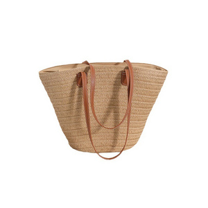 Large Capacity Tote PU Leather Handle Beige Minimalist Straw Bag Evening Bags Vacation Beach Bag