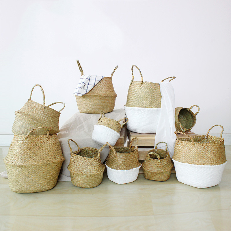 Home Wall Decor Round Woven Seagrass Plant Flowers Pot Belly Basket Handcrafted Seagrass Laundry Storage Planter Box with Handle