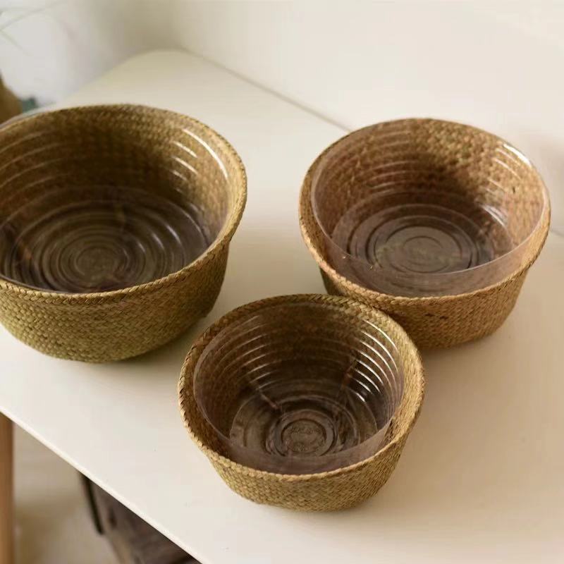 Home Wall Decor Round Woven Seagrass Plant Flowers Pot Belly Basket Handcrafted Seagrass Laundry Storage Planter Box with Handle