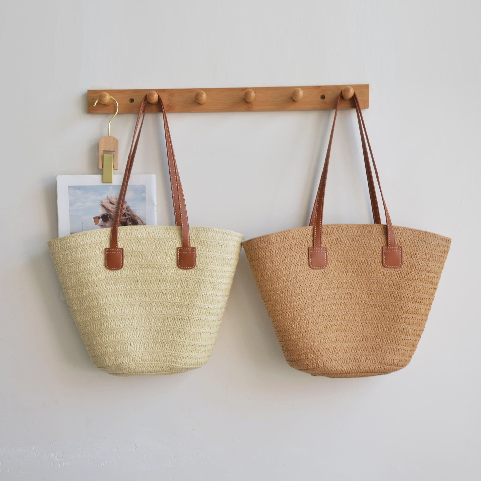 Large Capacity Tote PU Leather Handle Beige Minimalist Straw Bag Evening Bags Vacation Beach Bag