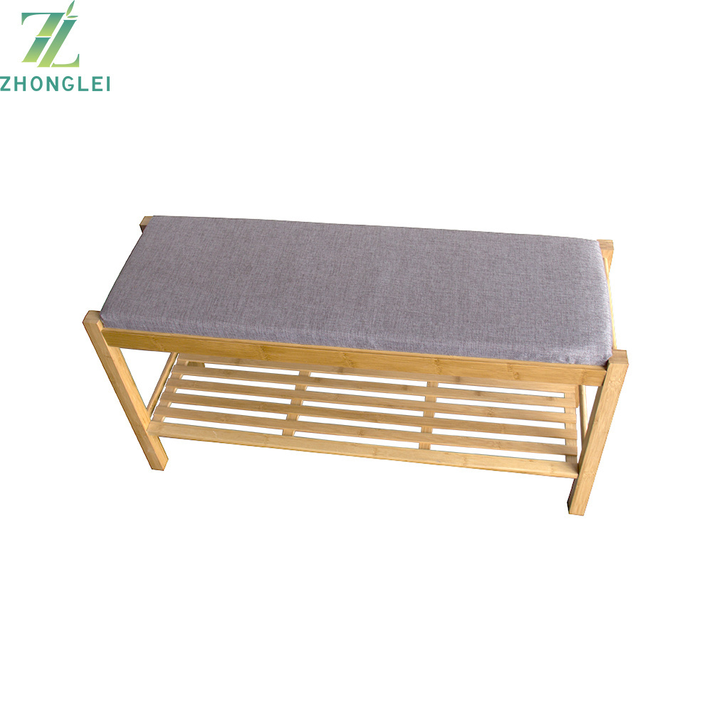 Hot product natural style shoe rack bench bamboo with cushion seat luggage storage rack