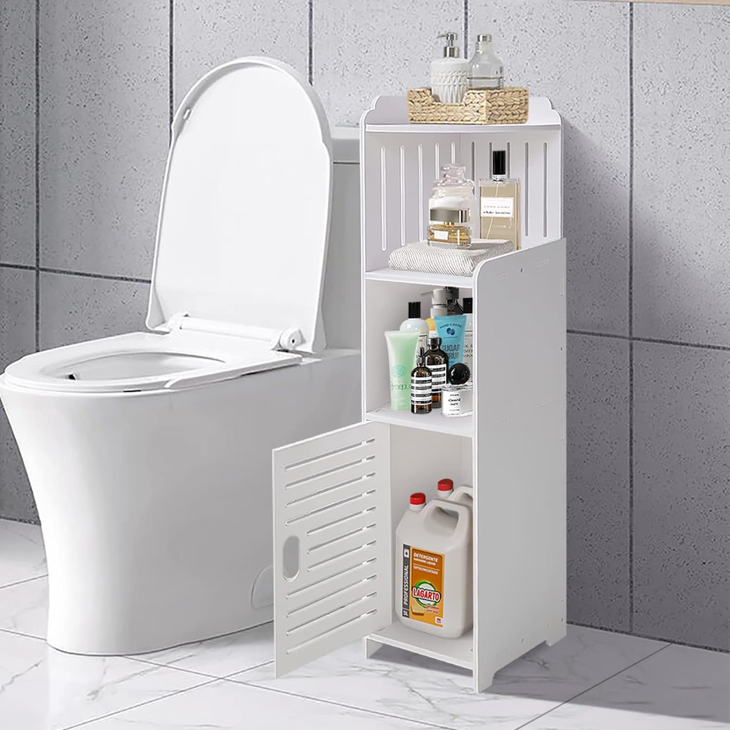 White Bathroom Storage Cabinet Waterproof Floor Freestanding Narrow Bathroom Storage Cabinet Organizer with Doors and Shelves