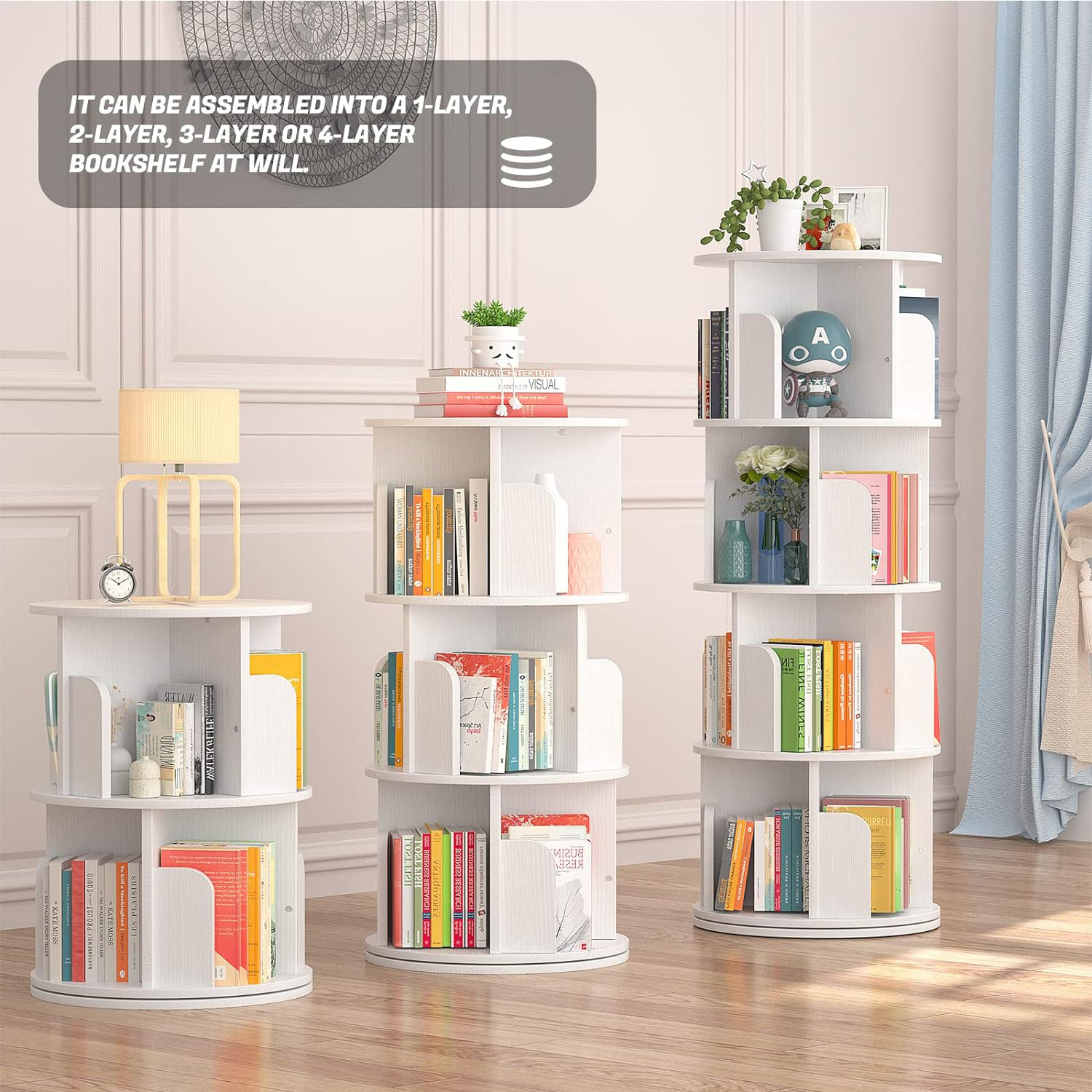 Rotating wood Corner Bookshelf for Small Space 360 Display 4 Tier Floor Standing Bookcase Storage Rack Wood Narrow Book Shelf