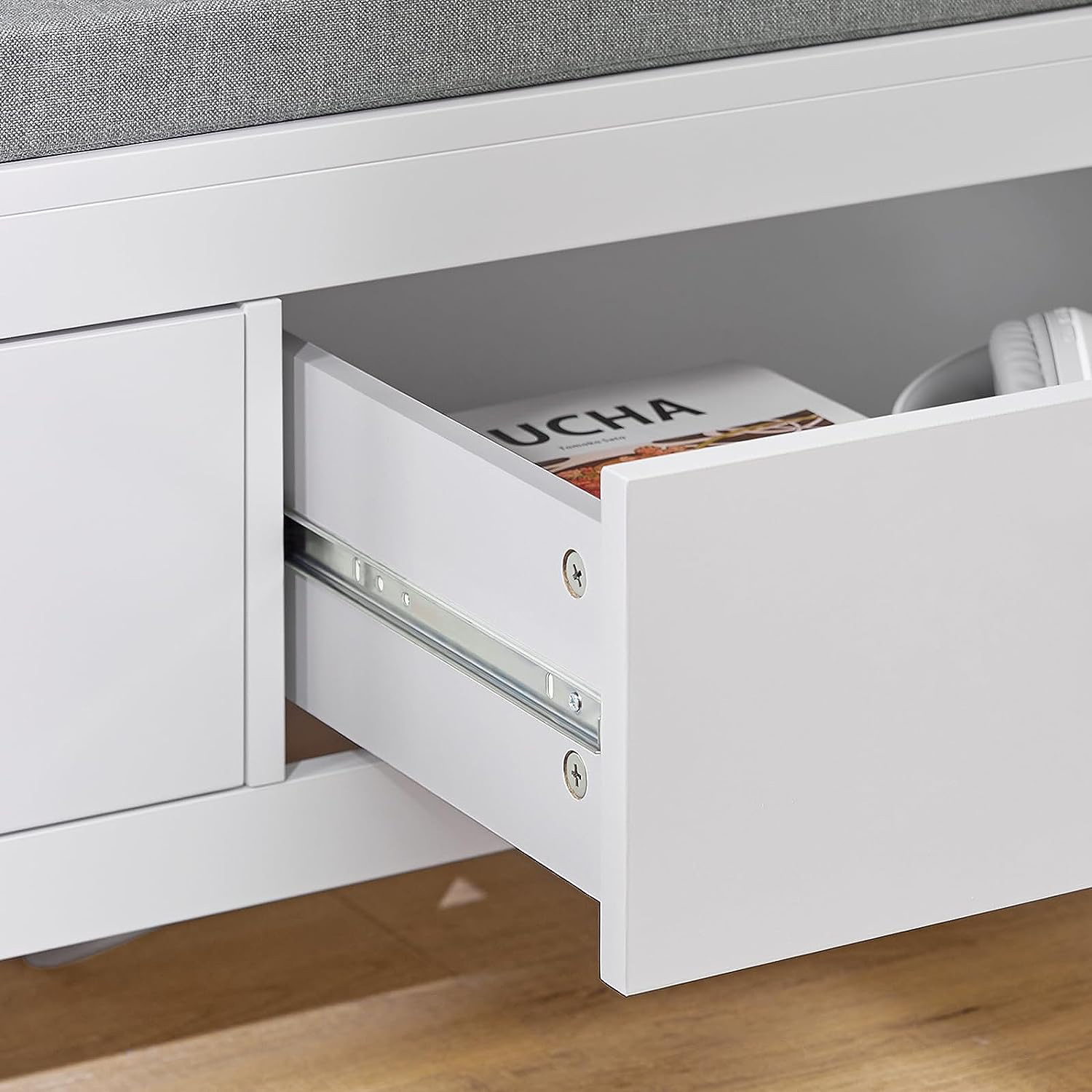 White Modern Hallway Shoes Storage Bench with Two Drawers and Padded Seat Cushion