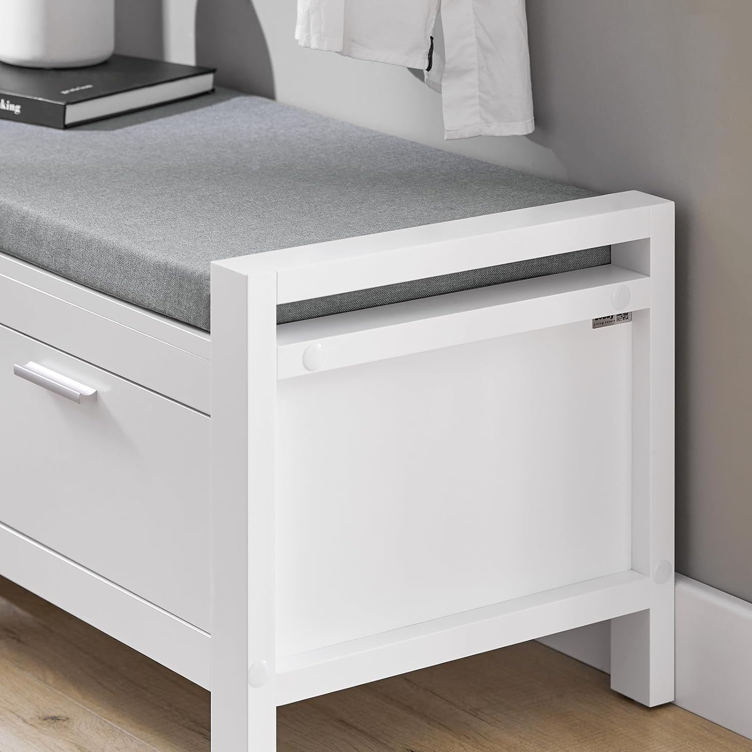 White Modern Hallway Shoes Storage Bench with Two Drawers and Padded Seat Cushion