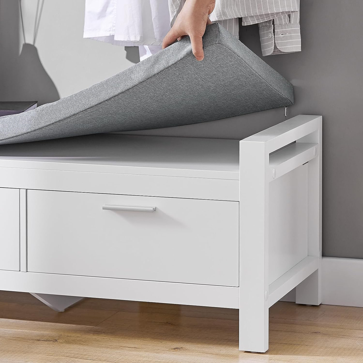 White Modern Hallway Shoes Storage Bench with Two Drawers and Padded Seat Cushion