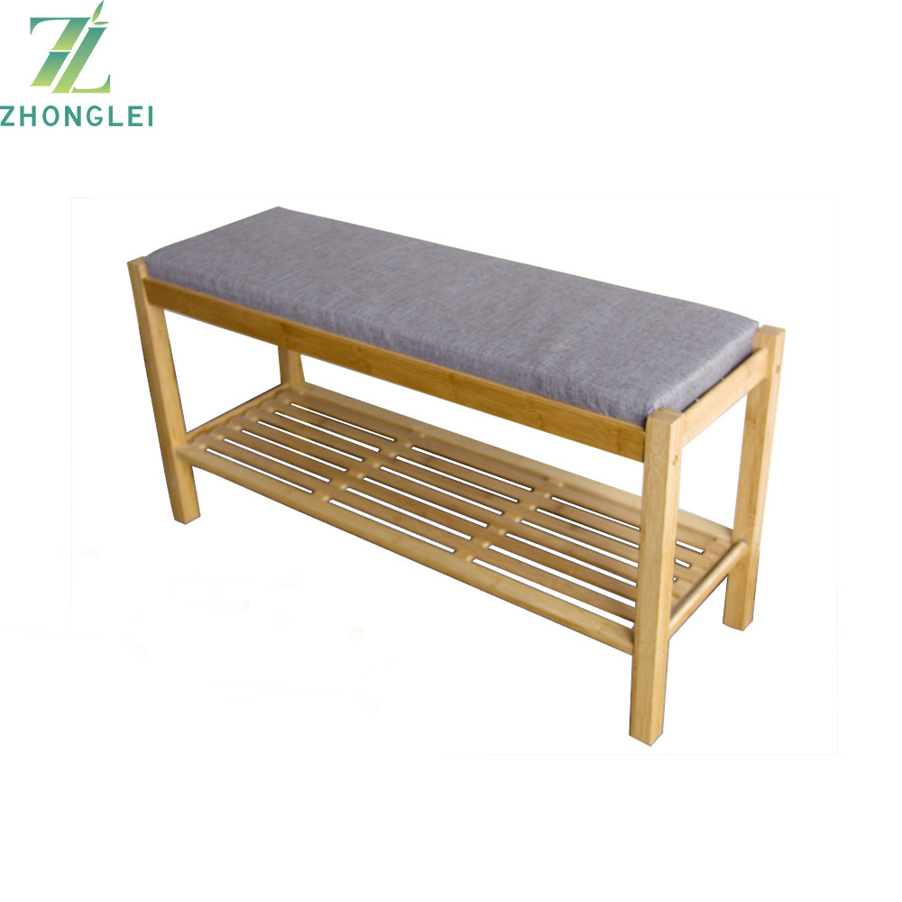 Hot product natural style shoe rack bench bamboo with cushion seat luggage storage rack